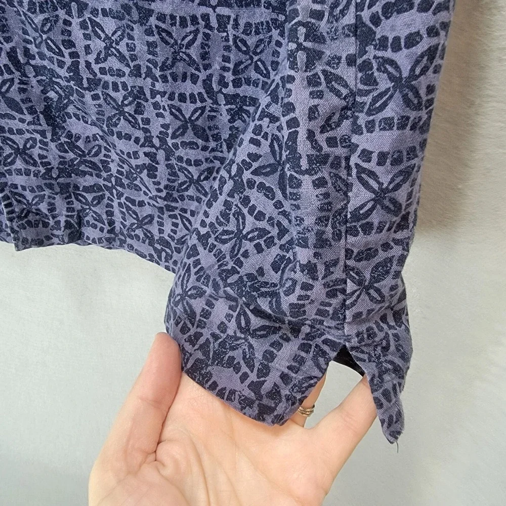 Eddie Bauer Shirt Mens L Hawaiian Vacation Linen Blend Blue Aztec Pocket‎ Office